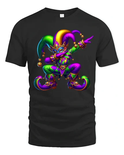 Colorful Jester Carnival Tee Playful Masquerade Art Style - black t-shirt on white background