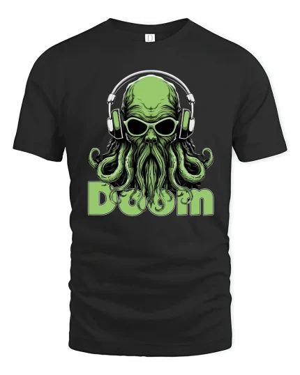 Cosmic Doom DJ Cthulhu Tee Psychedelic Monster Music Art - black t-shirt on white background