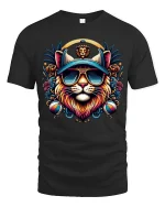 Cool Lion King Sunglasses Tee Colorful Street Art Style - black t-shirt on white background