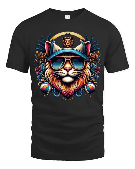 Cool Lion King Sunglasses Tee Colorful Street Art Style - black t-shirt on white background