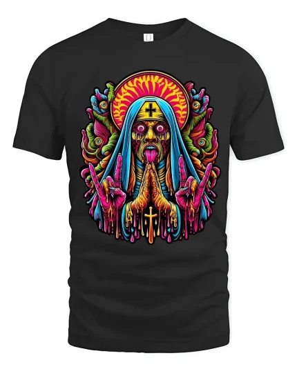 Psychedelic Dark Nun Horror Art T Shirt With Trippy Energy - black t-shirt on white background