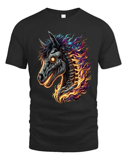 Flaming Cyber Horse Skull Tee Futuristic Fire Fantasy Art - black t-shirt on white background