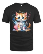 Cute Paint Splash Kitten Tee Colorful Art Cat Graphic Style - black t-shirt on white background