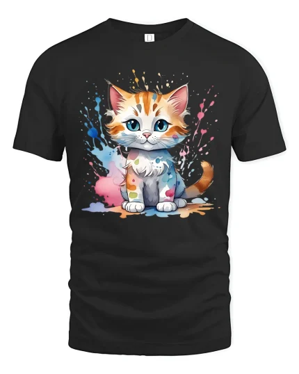 Cute Paint Splash Kitten Tee Colorful Art Cat Graphic Style - black t-shirt on white background