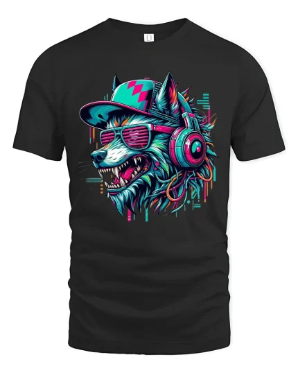 Cyberpunk Wolf DJ Graphic T Shirt With Neon Street Vibes - black t-shirt on white background