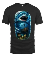 Giant Shark Pirate Ocean Art T Shirt With Dark Adventure Vibes - black t-shirt on white background