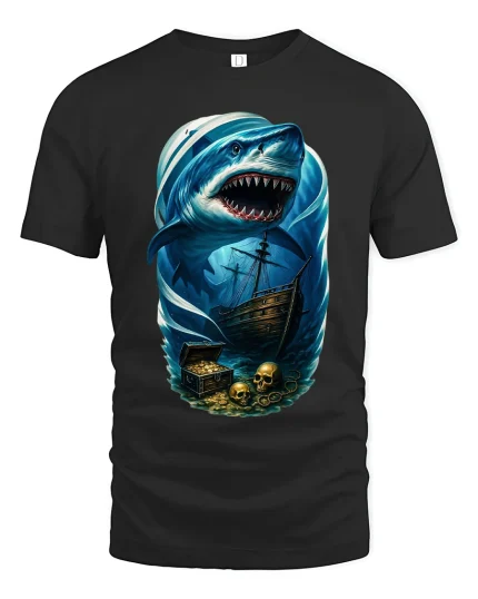 Giant Shark Pirate Ocean Art T Shirt With Dark Adventure Vibes - black t-shirt on white background