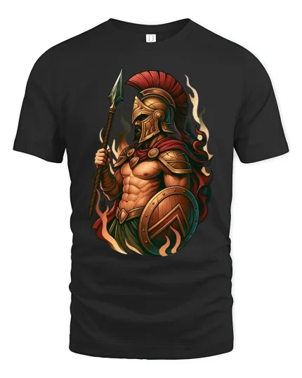 Spartan Warrior Fire Art T Shirt Ancient Strength Battle Style - black t-shirt on white background