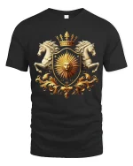 Royal Sun Crest Tee With Golden Shield And Majestic Horses Art - black t-shirt on white background