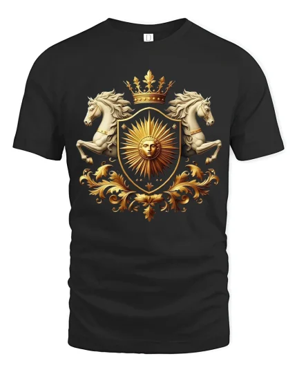 Royal Sun Crest Tee With Golden Shield And Majestic Horses Art - black t-shirt on white background