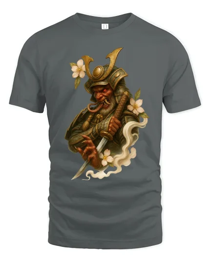 Dark Samurai Demon Warrior Art T Shirt With Mythic Power - gray t-shirt on white background