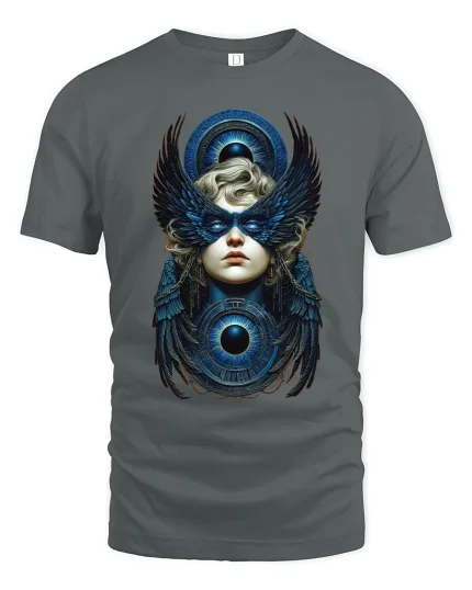 Mystic Winged Oracle Tee Celestial Eye Fantasy Graphic Art - gray t-shirt on white background