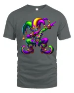 Colorful Jester Carnival Tee Playful Masquerade Art Style - gray t-shirt on white background