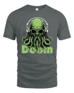 Cosmic Doom DJ Cthulhu Tee Psychedelic Monster Music Art - gray t-shirt on white background
