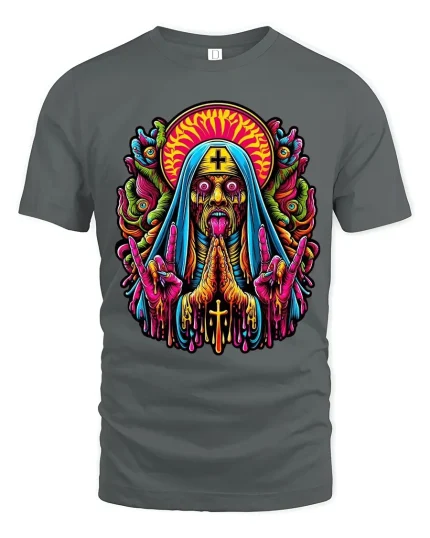 Psychedelic Dark Nun Horror Art T Shirt With Trippy Energy - gray t-shirt on white background