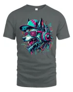 Cyberpunk Wolf DJ Graphic T Shirt With Neon Street Vibes - gray t-shirt on white background