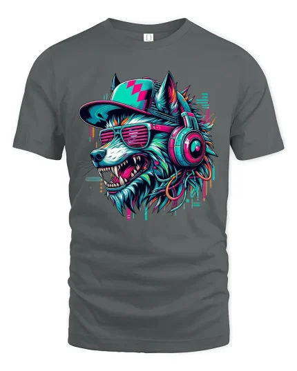 Cyberpunk Wolf DJ Graphic T Shirt With Neon Street Vibes - gray t-shirt on white background