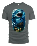 Giant Shark Pirate Ocean Art T Shirt With Dark Adventure Vibes - gray t-shirt on white background