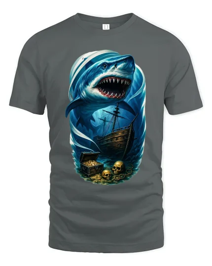 Giant Shark Pirate Ocean Art T Shirt With Dark Adventure Vibes - gray t-shirt on white background