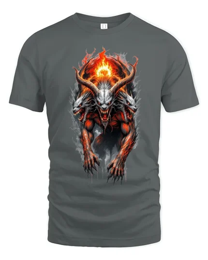 Infernal Three Headed Demon Fire Art T Shirt Dark Fantasy Power - gray t-shirt on white background