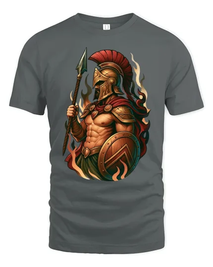 Spartan Warrior Fire Art T Shirt Ancient Strength Battle Style - gray t-shirt on white background