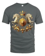Royal Sun Crest Tee With Golden Shield And Majestic Horses Art - gray t-shirt on white background