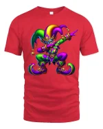 Colorful Jester Carnival Tee Playful Masquerade Art Style - red t-shirt on white background