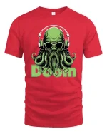 Cosmic Doom DJ Cthulhu Tee Psychedelic Monster Music Art - red t-shirt on white background