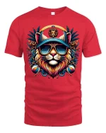 Cool Lion King Sunglasses Tee Colorful Street Art Style - red t-shirt on white background