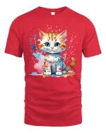 Cute Paint Splash Kitten Tee Colorful Art Cat Graphic Style - red t-shirt on white background