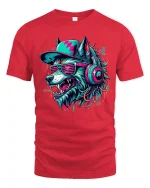 Cyberpunk Wolf DJ Graphic T Shirt With Neon Street Vibes - red t-shirt on white background