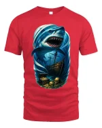 Giant Shark Pirate Ocean Art T Shirt With Dark Adventure Vibes - red t-shirt on white background