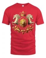 Royal Sun Crest Tee With Golden Shield And Majestic Horses Art - red t-shirt on white background
