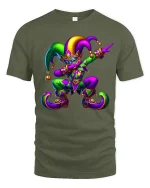 Colorful Jester Carnival Tee Playful Masquerade Art Style - military green t-shirt on white background