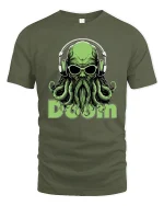 Cosmic Doom DJ Cthulhu Tee Psychedelic Monster Music Art - military green t-shirt on white background