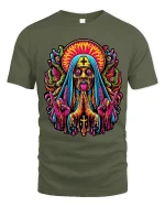 Psychedelic Dark Nun Horror Art T Shirt With Trippy Energy - military green t-shirt on white background