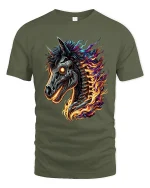 Flaming Cyber Horse Skull Tee Futuristic Fire Fantasy Art - military green t-shirt on white background