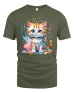 Cute Paint Splash Kitten Tee Colorful Art Cat Graphic Style - military green t-shirt on white background