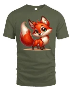 Cute Smiling Fox Tee Adorable Cartoon Fox Art Graphic Style - military green t-shirt on white background