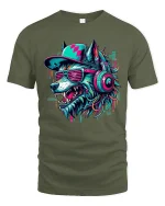 Cyberpunk Wolf DJ Graphic T Shirt With Neon Street Vibes - military green t-shirt on white background