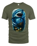 Giant Shark Pirate Ocean Art T Shirt With Dark Adventure Vibes - military green t-shirt on white background
