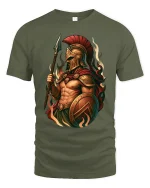 Spartan Warrior Fire Art T Shirt Ancient Strength Battle Style - military green t-shirt on white background