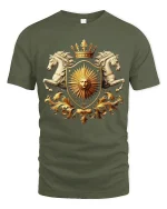 Royal Sun Crest Tee With Golden Shield And Majestic Horses Art - military green t-shirt on white background
