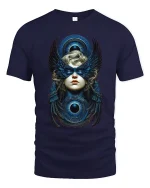Mystic Winged Oracle Tee Celestial Eye Fantasy Graphic Art - navy t-shirt on white background