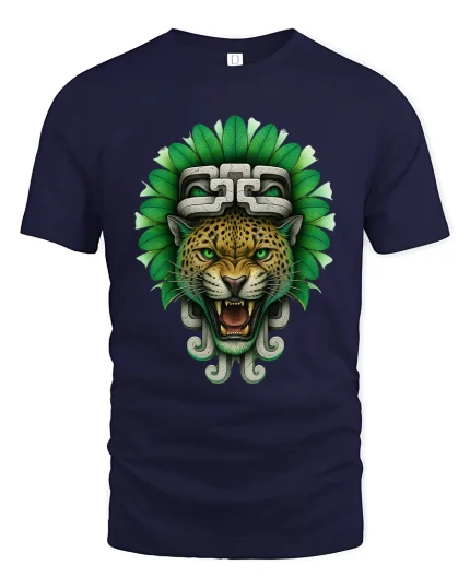 Aztec Jaguar Spirit Tee Fierce Tribal Power Fantasy Art - navy t-shirt on white background
