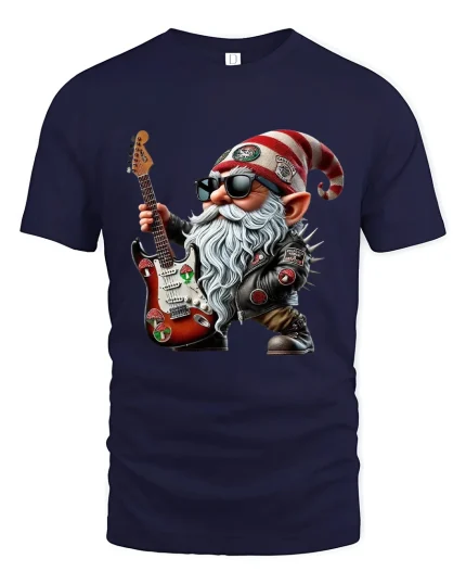 Rock Star Christmas Gnome Tee Funny Guitar Holiday Graphic Art - navy t-shirt on white background