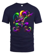 Colorful Jester Carnival Tee Playful Masquerade Art Style - navy t-shirt on white background