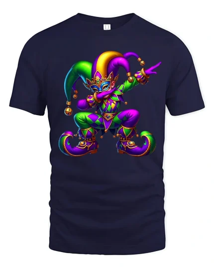 Colorful Jester Carnival Tee Playful Masquerade Art Style - navy t-shirt on white background