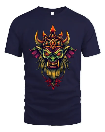 Demonic Crowned Beast Tee Dark Fantasy Fire Horn Artwork - navy t-shirt on white background