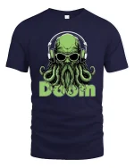 Cosmic Doom DJ Cthulhu Tee Psychedelic Monster Music Art - navy t-shirt on white background